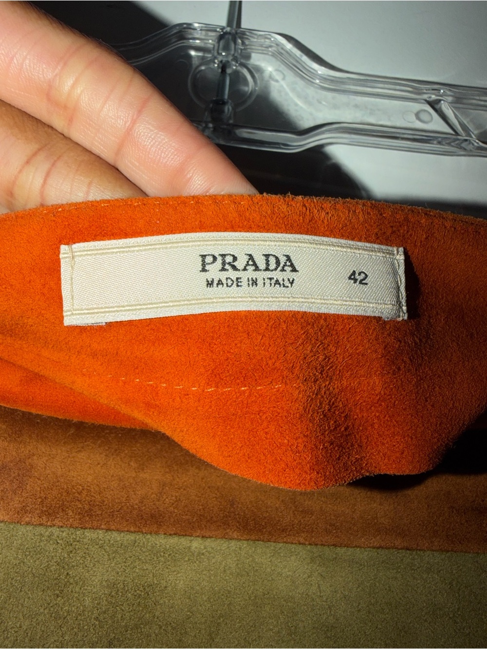 Prada Olive Green Suede A-Line Skirt with Orange Trim - Picture 2 of 5